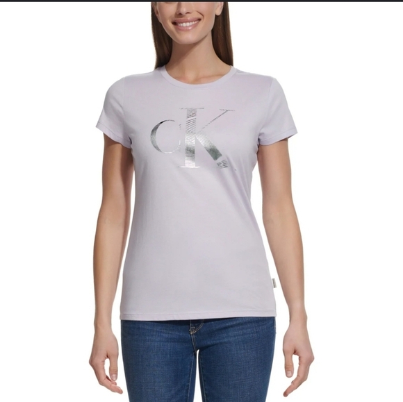 NWT Calvin Klein Jeans Silver Foil Size Large Women’s Purple Crewneck T-Shirt - Picture 1 of 15